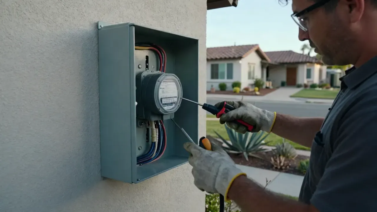 Electrical Panel Upgrade in Upland, California: detail shot of a whole-home surge protector neatly wired and mounted
