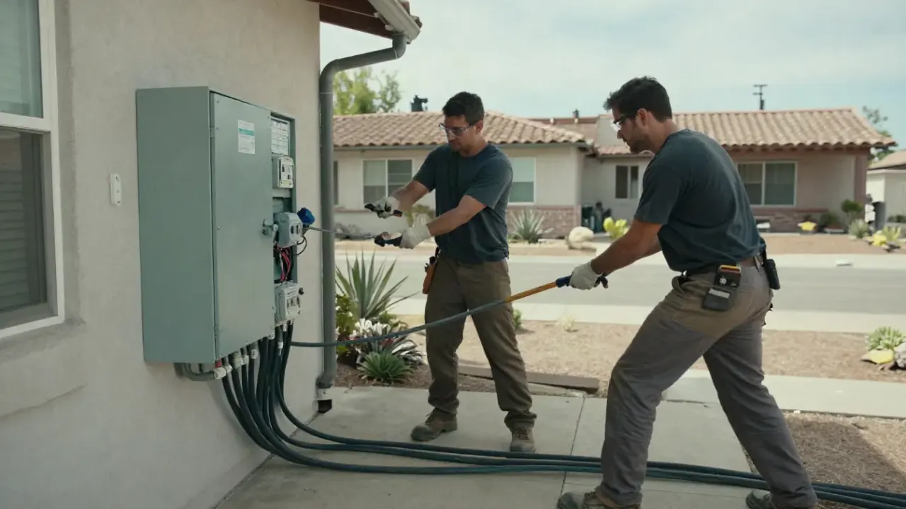 Electrical Panel Upgrade in Upland, California: Two electricians collaborating to pull new, thick service entrance cables