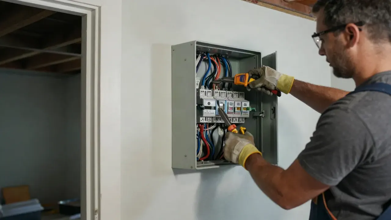 Subpanel Installation in Upland, California: electrician mounting a new 100-amp subpanel box onto a wall in a finished