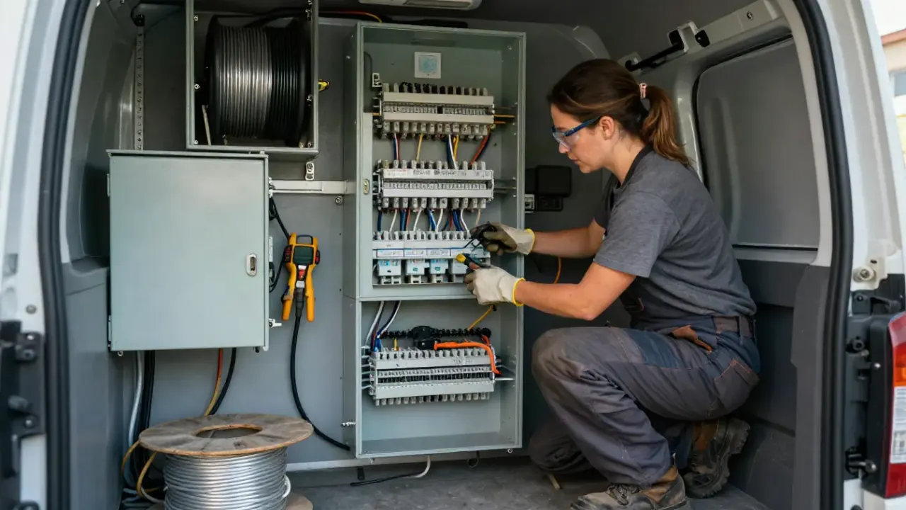Electrical Panel Upgrade in Upland, California: interior of a clean, organized service vehicle, showing specialized