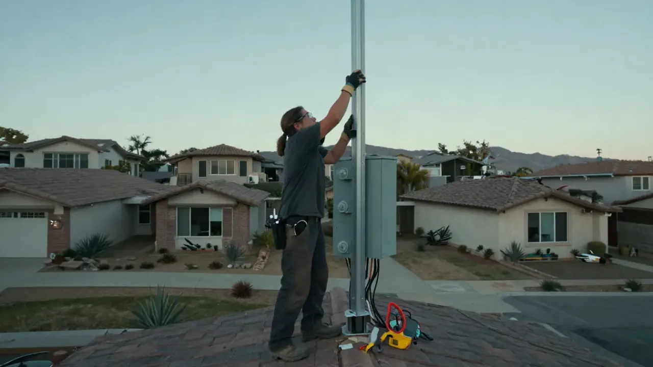 Meter Main and Service Mast Replacement in Upland, California: electrician hoisting a new, tall service mast into position