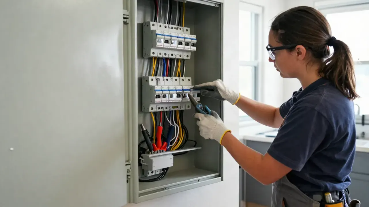 AFCI and GFCI Breaker Installation in Upland, California: electrician testing a newly installed GFCI breaker in a kitchen