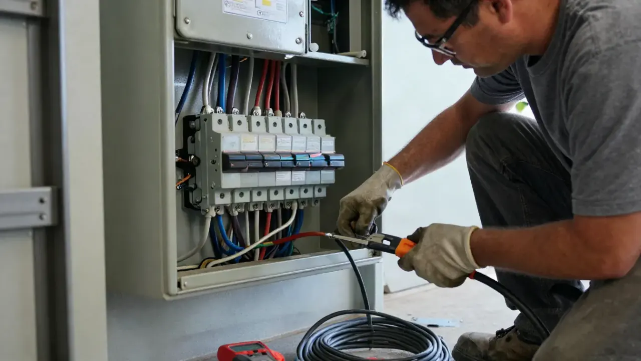100 to 200 Amp Service Upgrade in Upland, California: electrician carefully removing old wiring from a 100-amp main breaker
