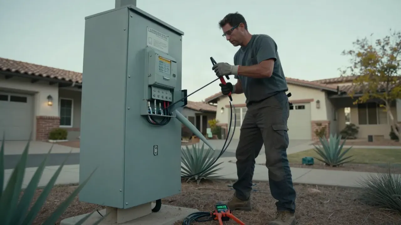 200 to 400 Amp Service Upgrade in Upland, California: electrician using a conduit bender to shape large-diameter conduit for
